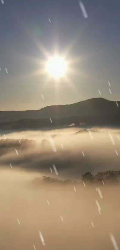 Mountain mist at sunrise with sunlight streaming through clouds.