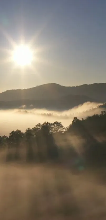 Sunlit mist over mountains under a clear sky, creating a serene mobile wallpaper.