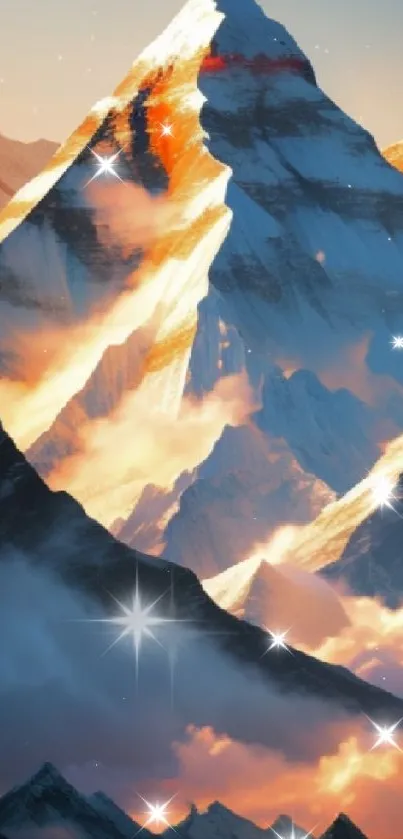 Sunlit mountain peaks with vibrant orange glow in a mobile wallpaper.