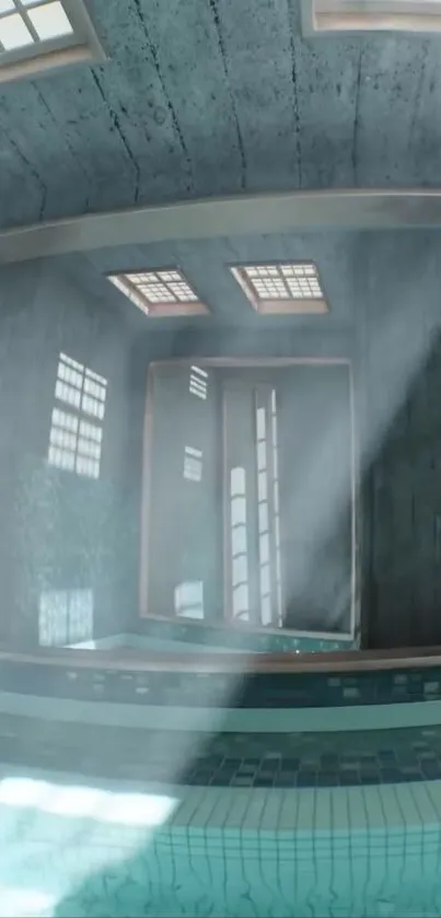 Serene pool room with sunlit beams through windows.
