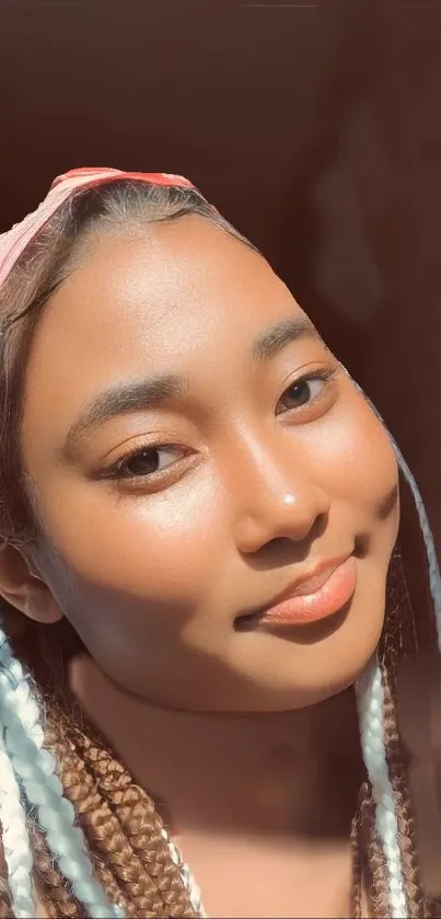 Sunlit portrait of a smiling person with brown and white braids.