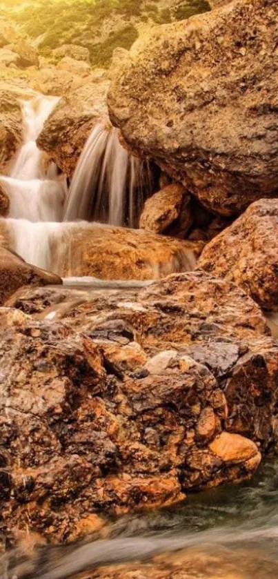 Sunlit waterfall cascading over rocky landscape.