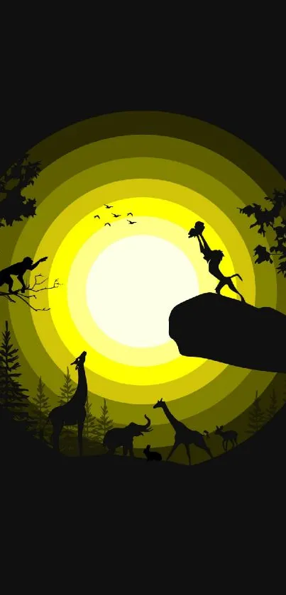 Sunlit safari scene with wildlife silhouettes against a vibrant yellow background.