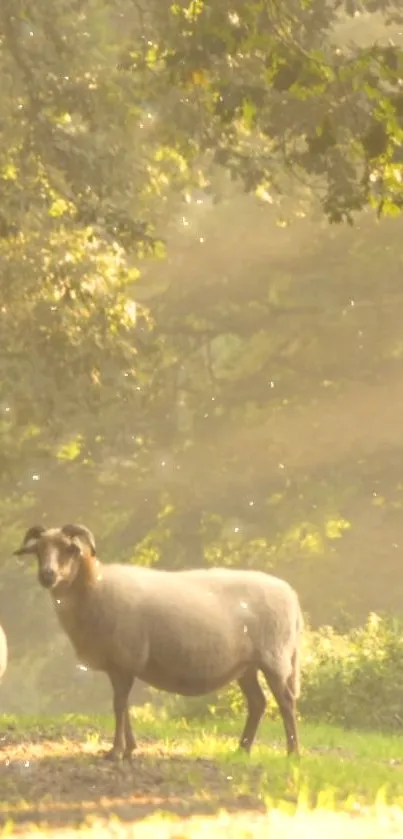 Sheep grazing peacefully in a sunlit meadow with soft light filtering through trees.