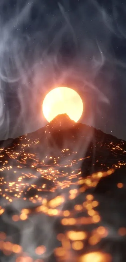 Bright sun with smoke over a mountain peak.