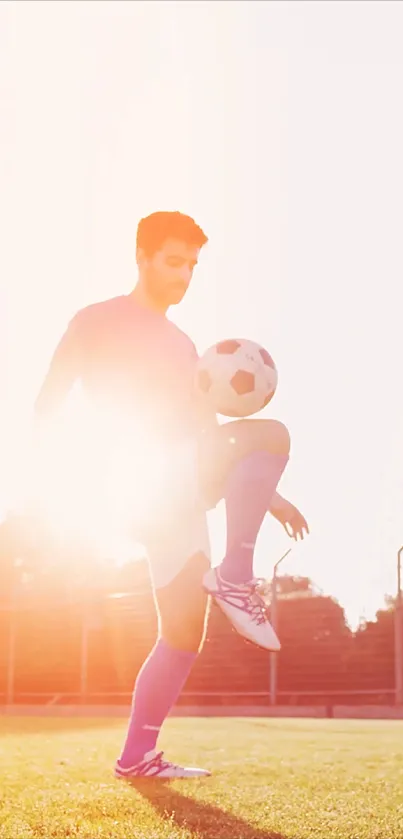 Soccer player juggling ball in sunset on field.