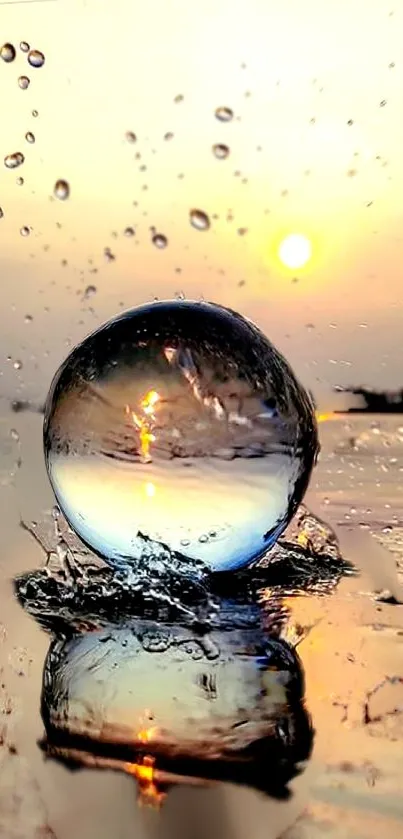 Sphere reflecting sunset with water droplets.