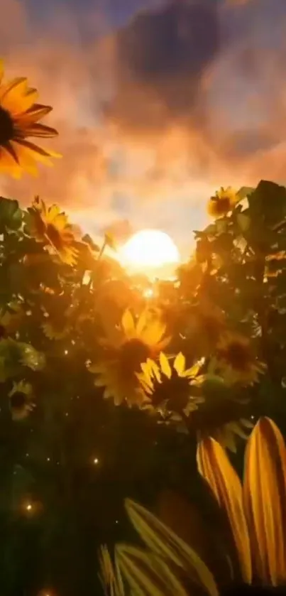 Golden sunflowers basking in sunset glow, creating a serene natural scene.