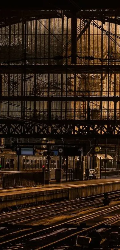 Sunset casting warm glow on a historic train station.