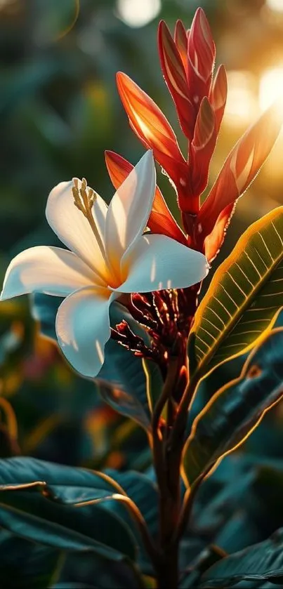 Sunlit tropical flower with vibrant leaves.