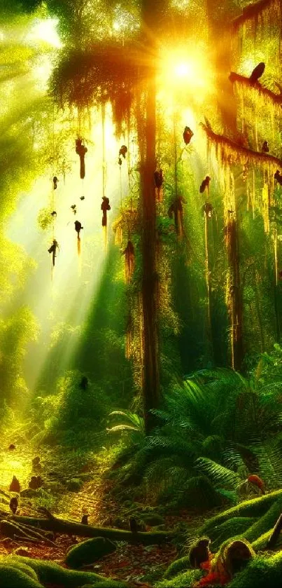 Sunlit tropical forest with lush greenery and birds.