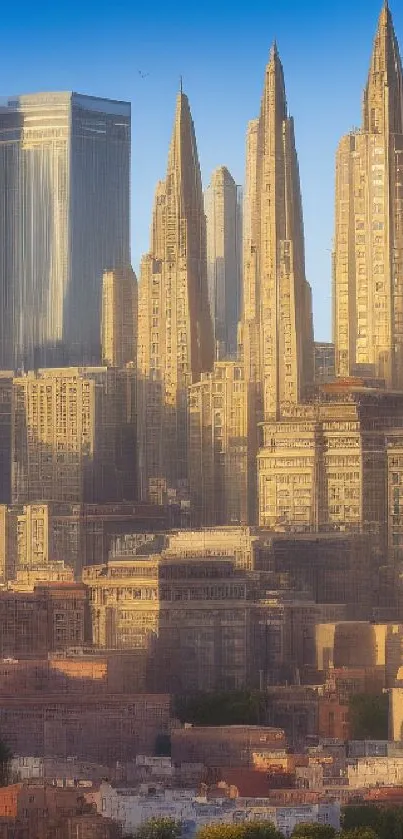 Sunlit urban skyline with golden skyscrapers.