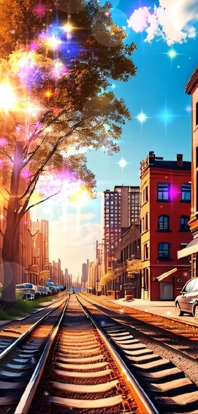 Sunlit city street with train tracks and buildings.