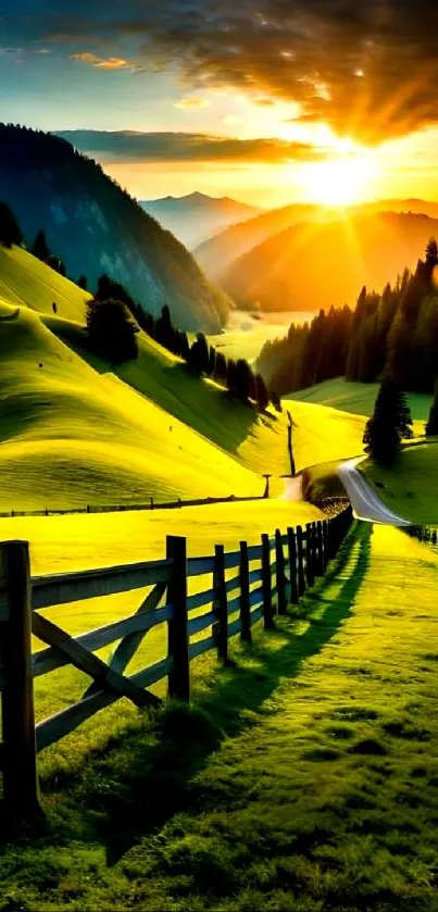 Sunlit valley with green hills and a stunning sunset in the background.