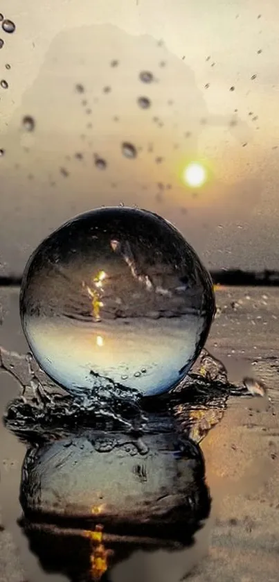 Sunset orb reflecting on calm water surface.