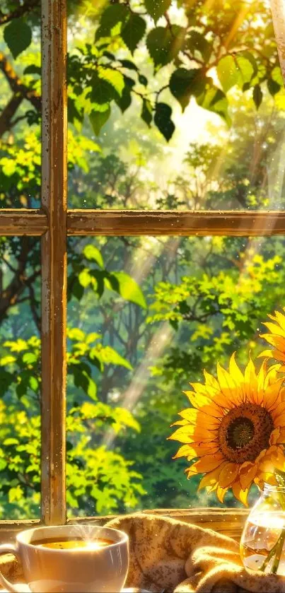 Sunlit window with sunflowers and greenery in a serene setting.