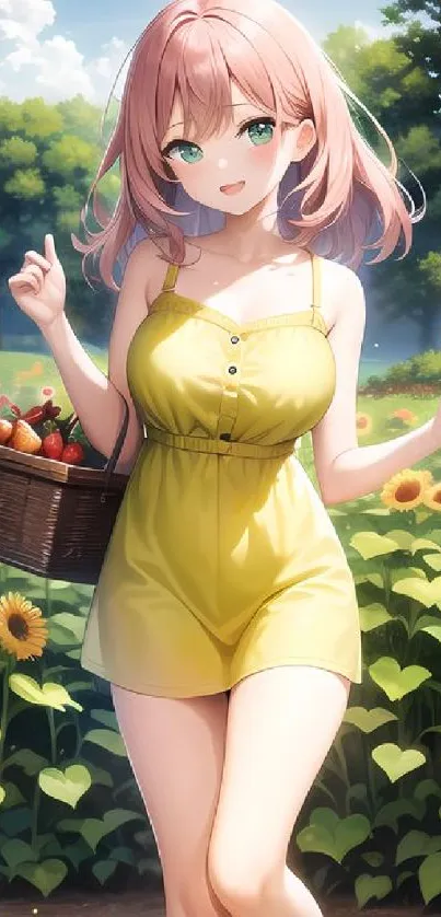 Anime girl in yellow dress with sunflowers in a vibrant garden.