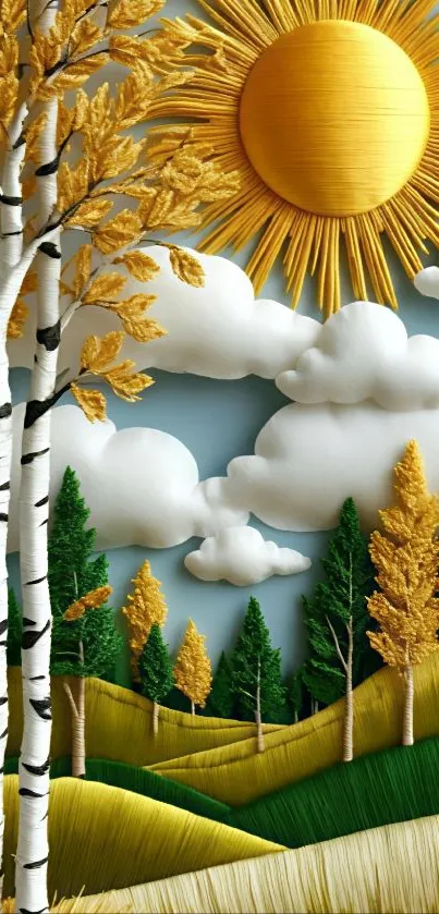 Sunny autumn landscape with artistic trees and bright sun.