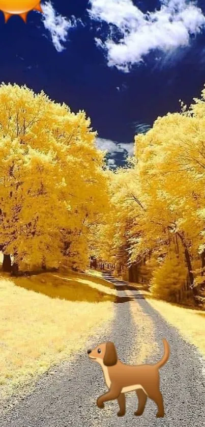 Bright yellow autumn path with sun and dog illustration.