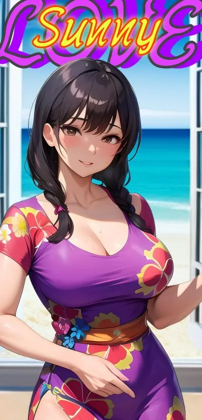 Anime girl standing at open window with beach view.