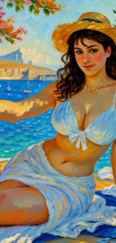 Artistic beach scene with woman in summer attire and vibrant colors.