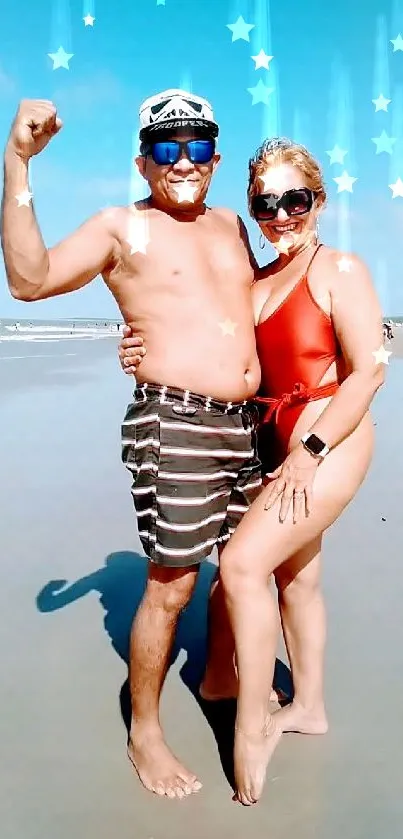 Couple enjoying a sunny day at the beach with a clear sky and ocean view.