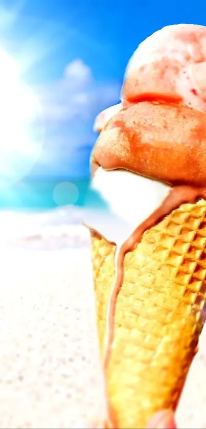 Melting ice cream cone on sunny beach background.