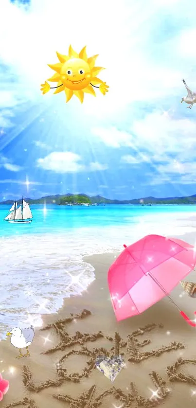 Cheerful sunny beach scene with pink umbrella and 'Love You' in the sand.