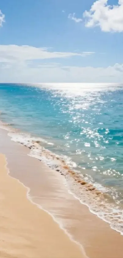 Sunlit beach with blue ocean waves under clear sky.