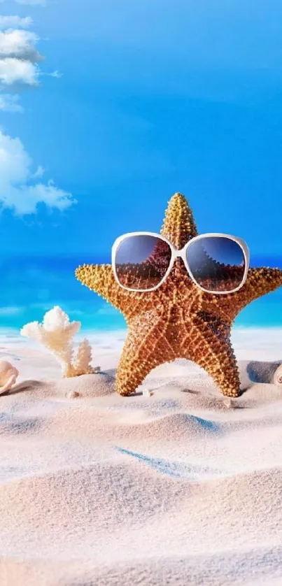 Starfish with sunglasses on a sunny beach.