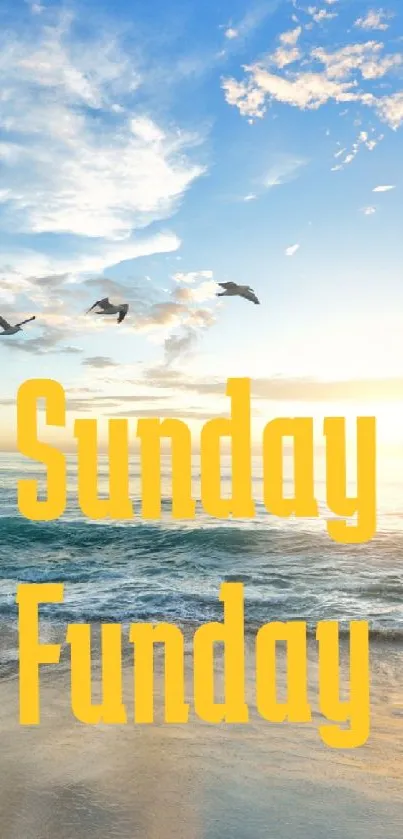 Sunny beach with seagulls and Sunday Funday text.