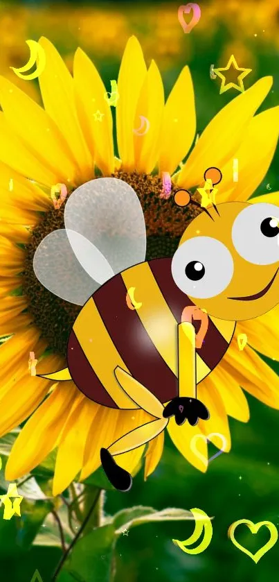 Cute cartoon bee on bright sunflower with a sunny backdrop.
