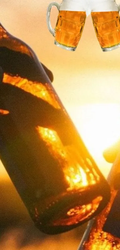 Two beer bottles clink at sunset, glowing in warm, golden light.