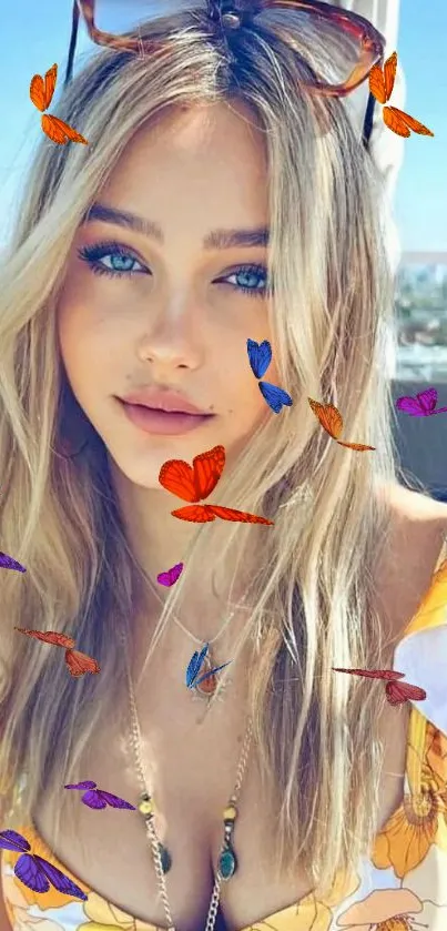 Blonde woman in floral dress under sunny sky.
