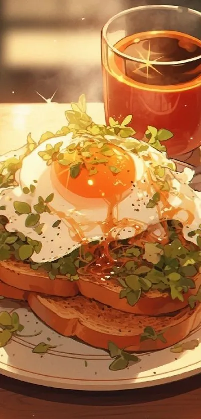 Vibrant breakfast with sunny eggs and coffee on a wooden table.