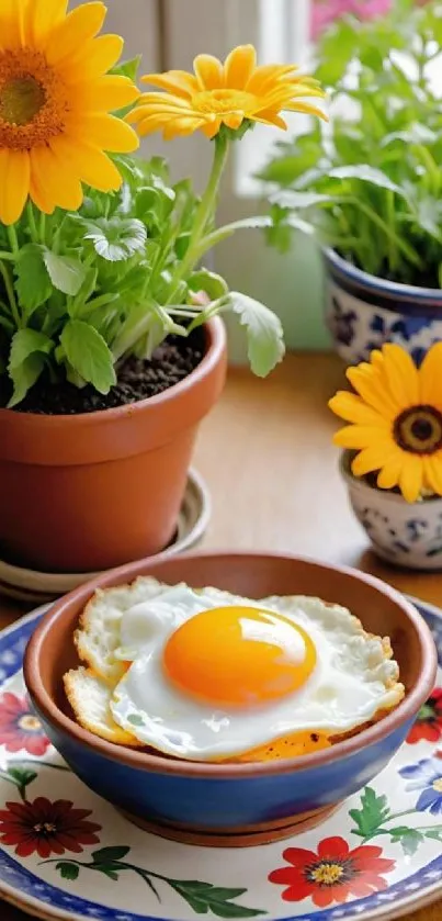 Sunny-side-up egg with vibrant flowers in pots on a table.