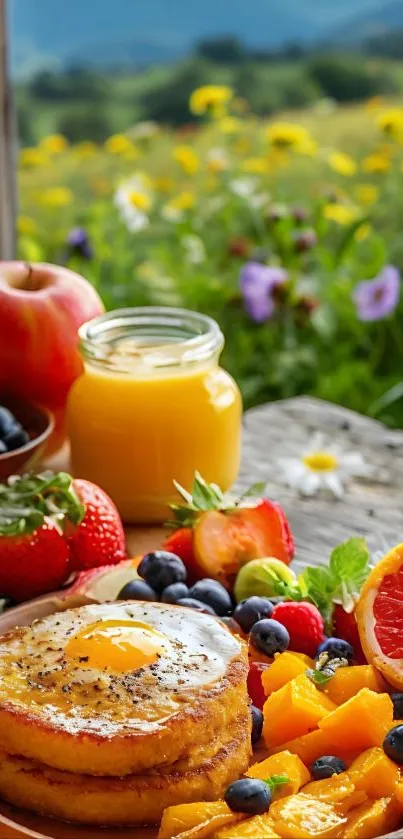 Colorful breakfast with pancakes and fruit in a sunny outdoor setting.