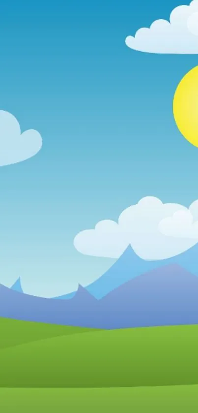 Cheerful cartoon landscape with sun and mountains.