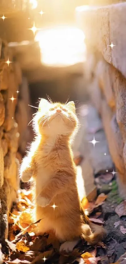 Cute cat enjoying golden autumn sunlight between stone walls.