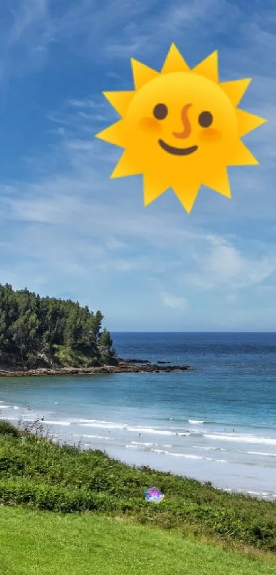 Sunny coastal landscape with playful sun icon on a mobile wallpaper.