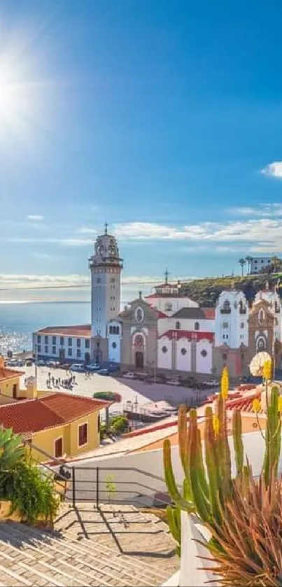 Sunny coastal townscape with blue sky and vibrant scenery.