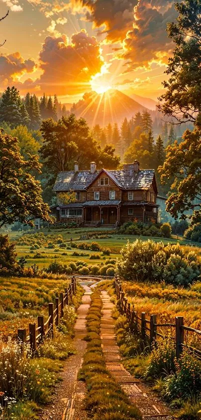 A countryside house basking in a beautiful sunset with lush surroundings.