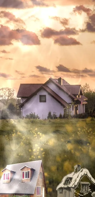 Scenic countryside home under a golden sky wallpaper.