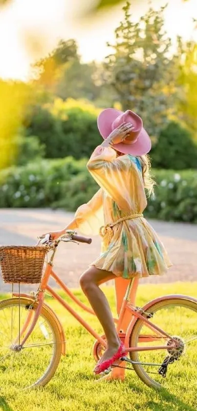 Woman in pink hat cycling in sunny park.