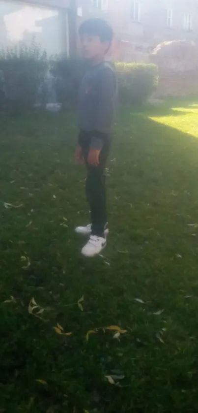 Boy standing on grass under sunlight in an urban garden scene.