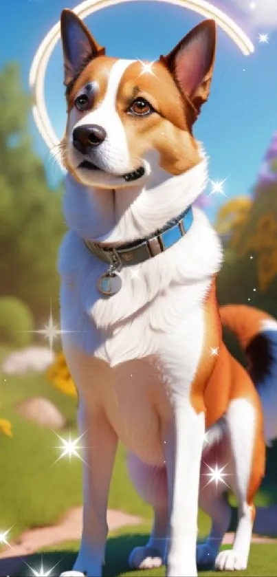 Animated dog in sunny flower garden with vibrant colors and clear sky.