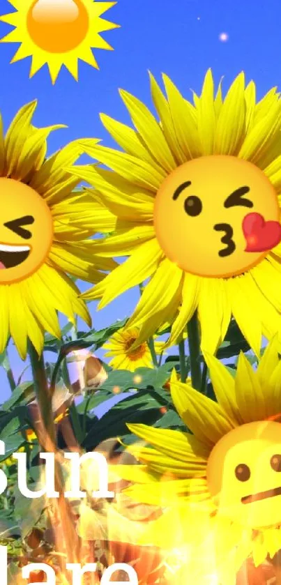 Sunflower field with emojis under a sunny blue sky.