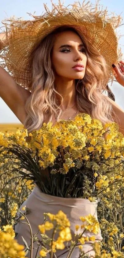 Woman in a field of yellow flowers wearing a straw hat on a sunny day.