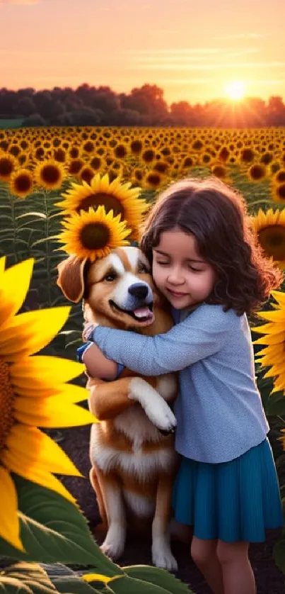 Child hugs dog in sunflower field at sunset, capturing joy and serenity.