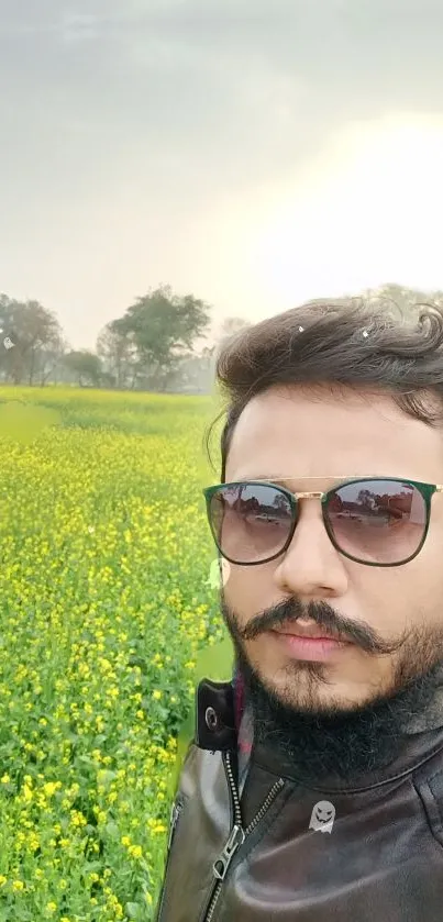 Selfie in a sunny field with lush greenery.